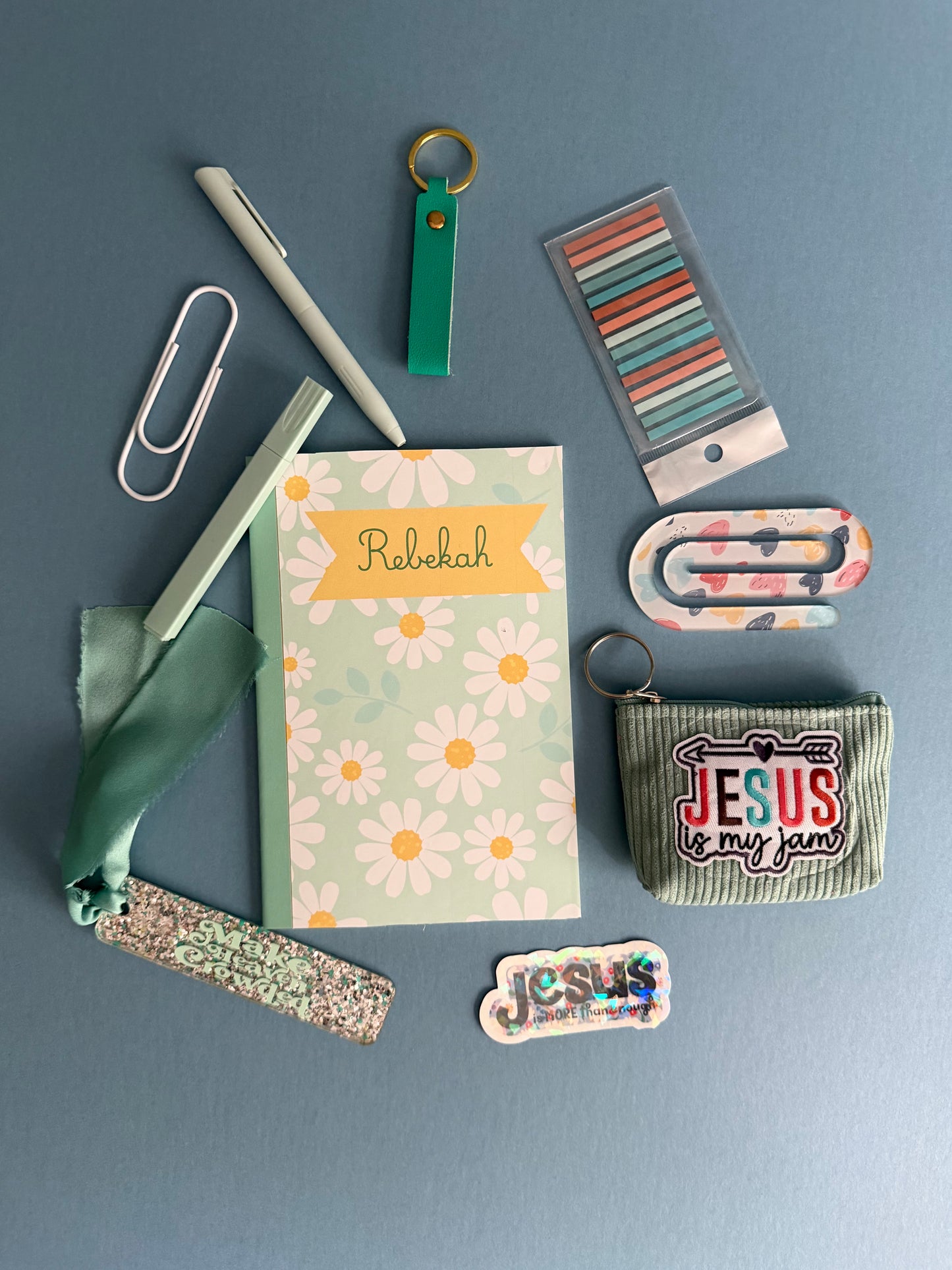 Personalized journaling and study kit by Sons & Daughters, includes custom notebook, pens, sticky notes, and Bible verses.
