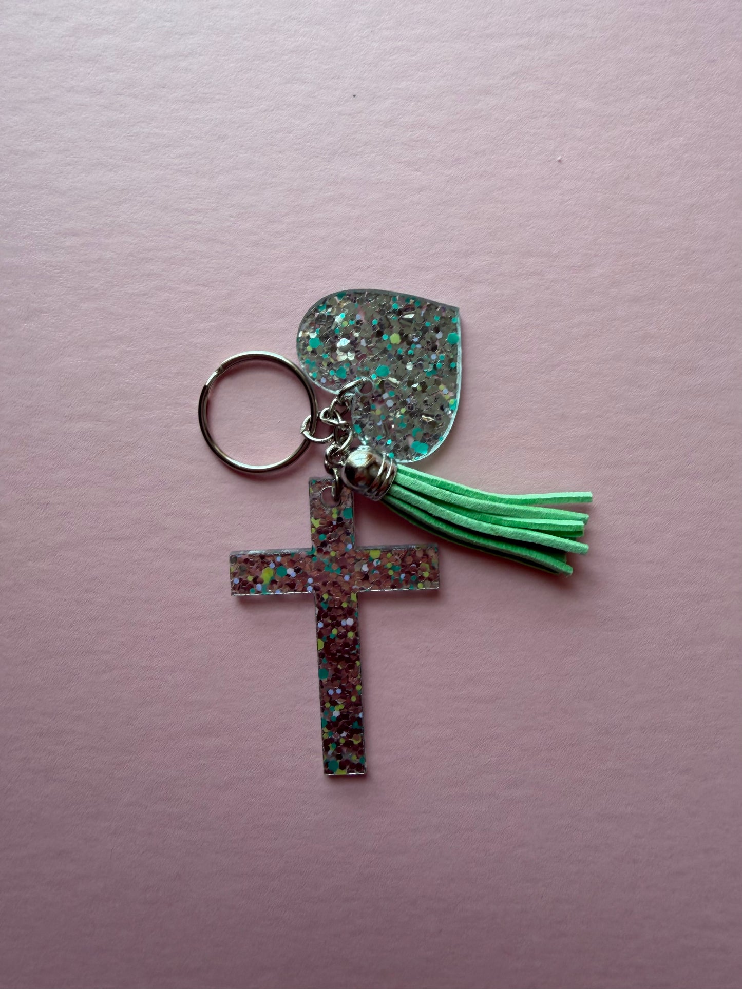 Cross and Heart Acrylic glitter keychains
