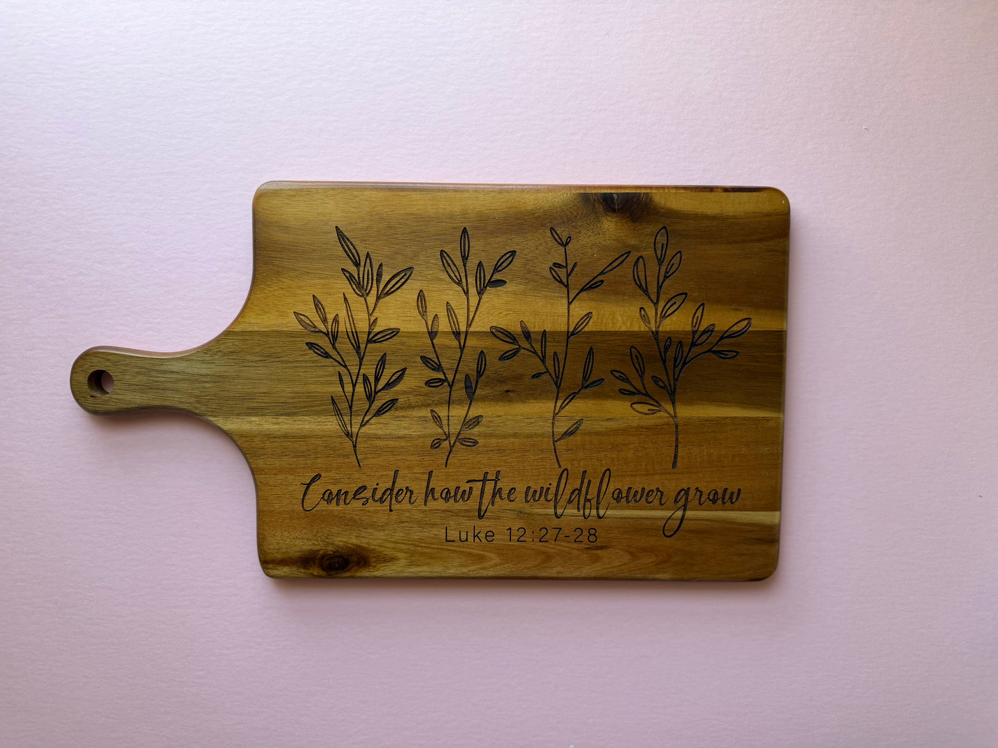 Faith Inspired Engraved Acacia Wood Cutting Luke 12:27-28