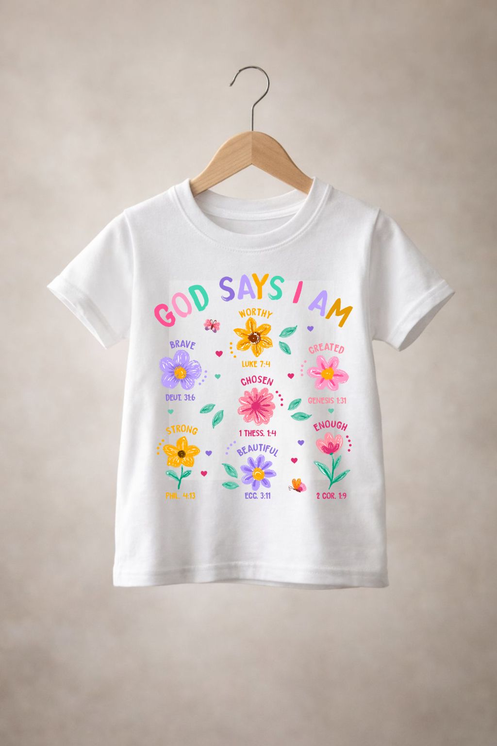 Girls' "God says" t-shirt by Sons & Daughters featuring a white cotton shirt with a printed religious message and casual fit.