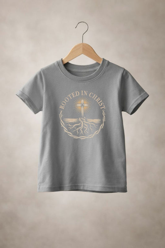 Unisex youth "Rooted in Christ" T-shirt by Sons & Daughters featuring a colorful Christian-themed graphic on a white fabric