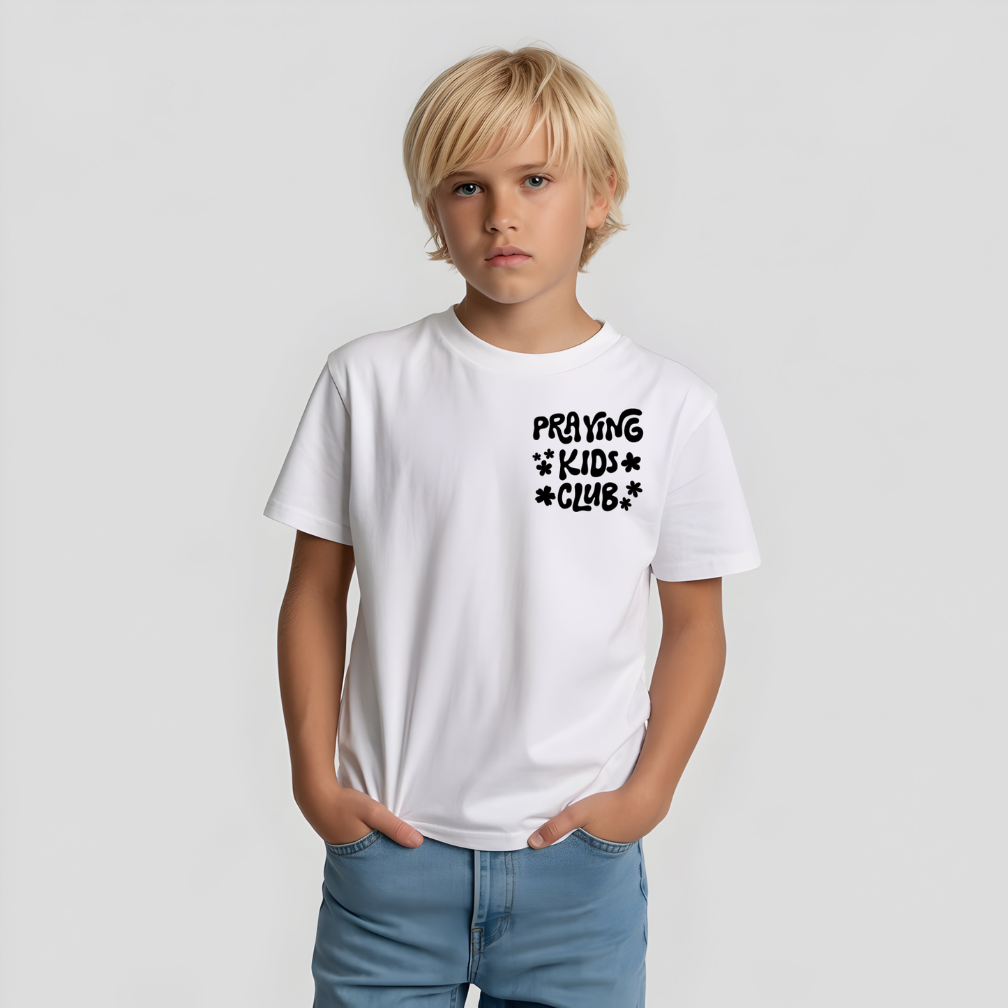 Boy's Sons & Daughters praying kids club T-shirt with a colorful design, featuring a child in prayer on a casual cotton T-shirt.
