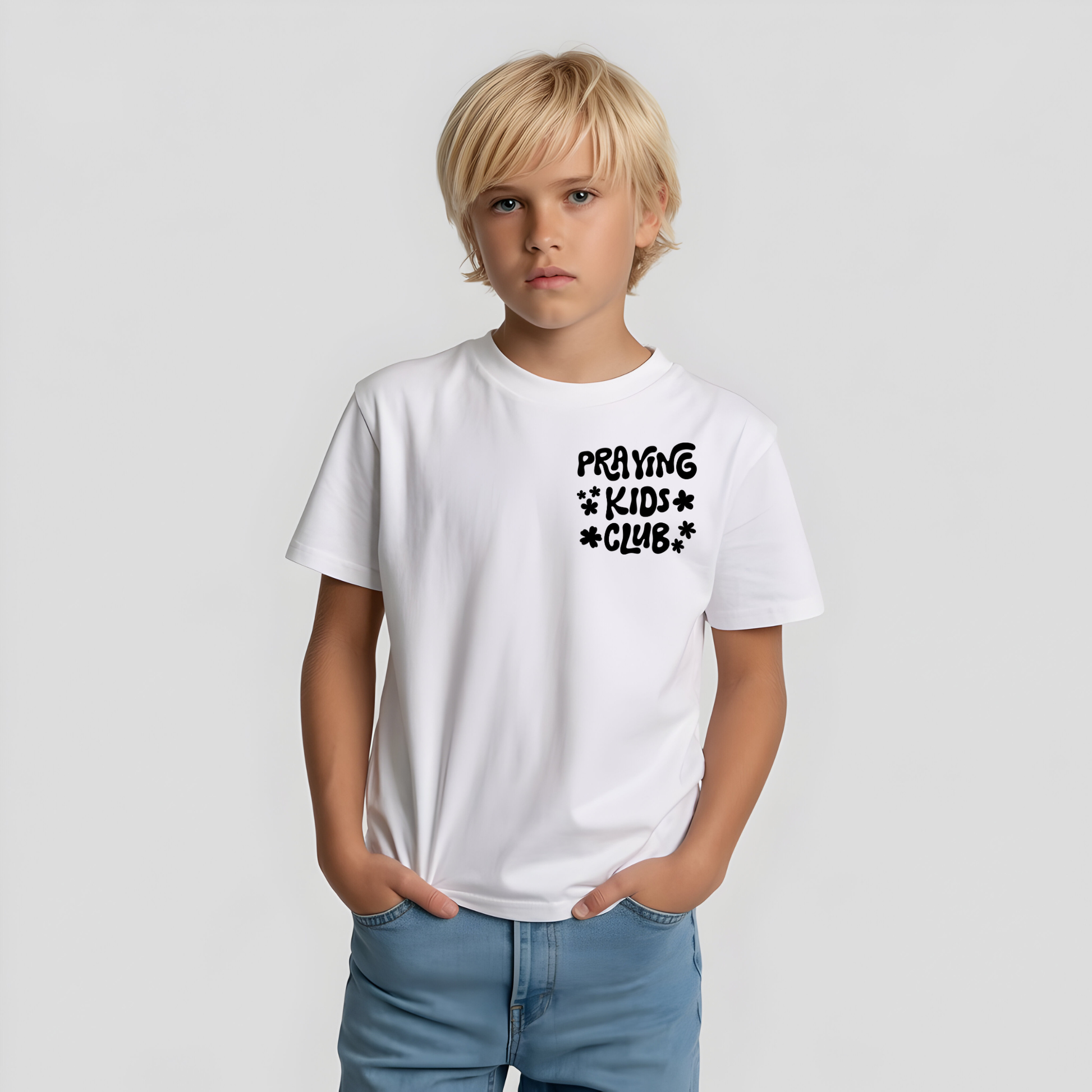 Boy's Sons & Daughters praying kids club T-shirt with a colorful design, featuring a child in prayer on a casual cotton T-shirt.