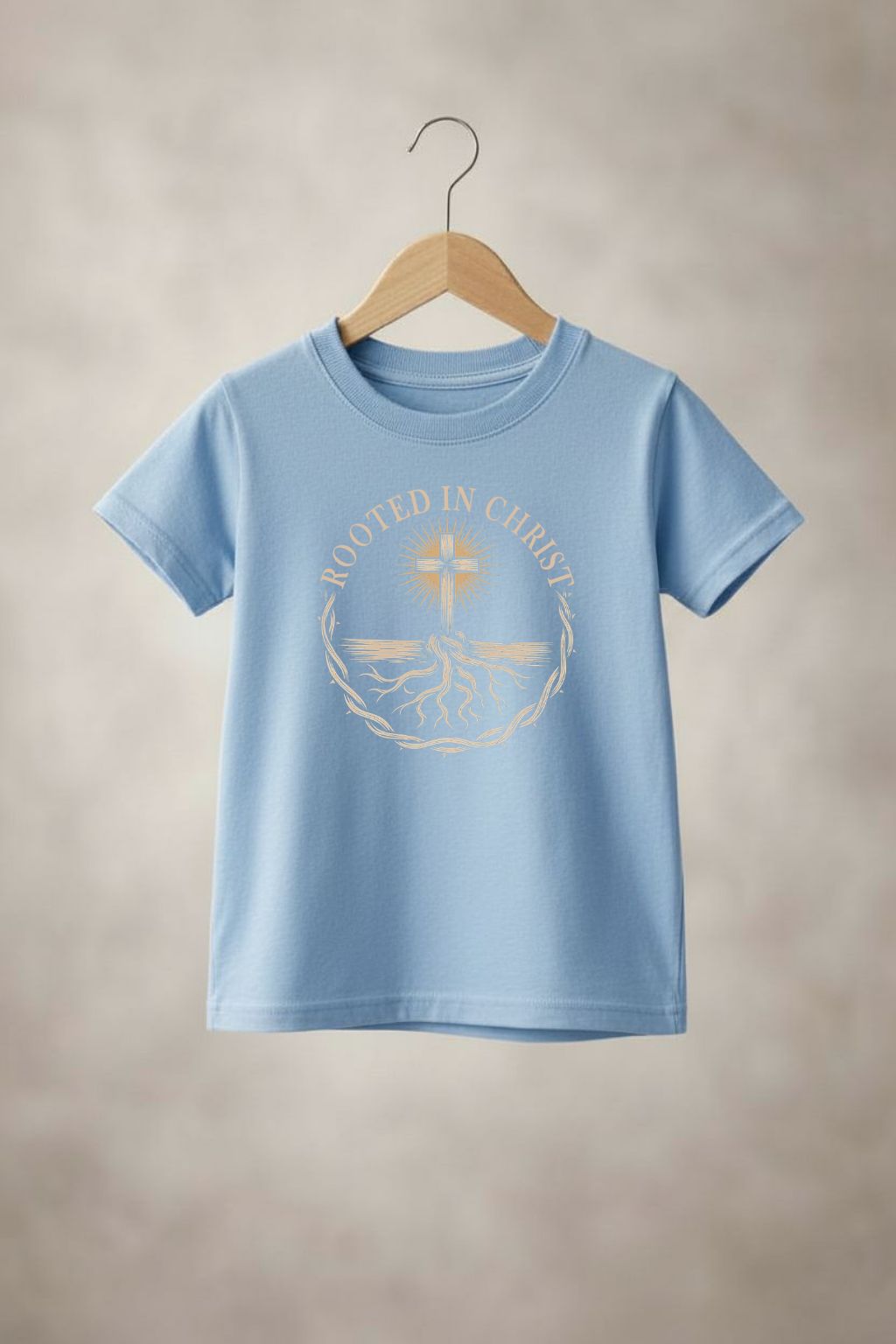 Unisex youth "Rooted in Christ" T-shirt by Sons & Daughters featuring a simple, stylish design on a white fabric background.