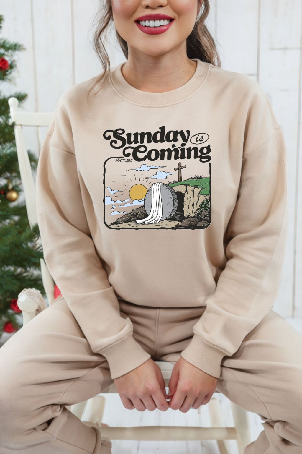 Sons & Daughters Sunday’s Coming Crew Sweatshirt in gray with printed design, soft fabric, and ribbed cuffs and hem.