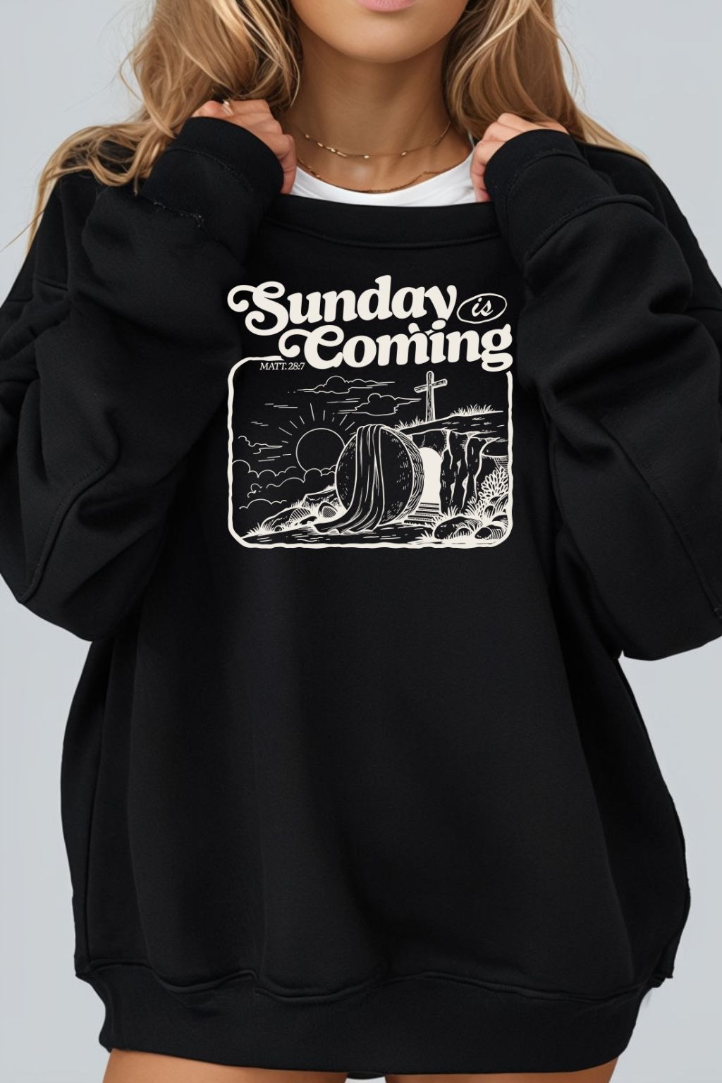 Sons & Daughters Sunday’s Coming Crew Sweatshirt in gray with printed design, cozy crewneck sweatshirt for casual wear.