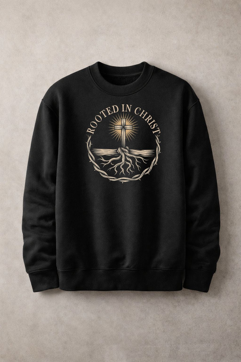 Sons & Daughters Rooted in Christ sweatshirt featuring a soft fabric, crew neck, and Christian-themed printed design.