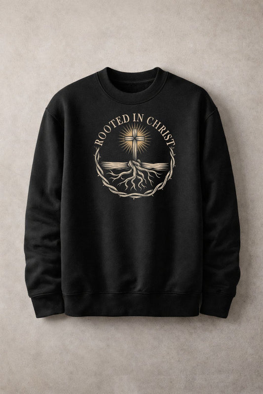 Sons & Daughters Rooted in Christ sweatshirt featuring a soft fabric, crew neck, and Christian-themed printed design.