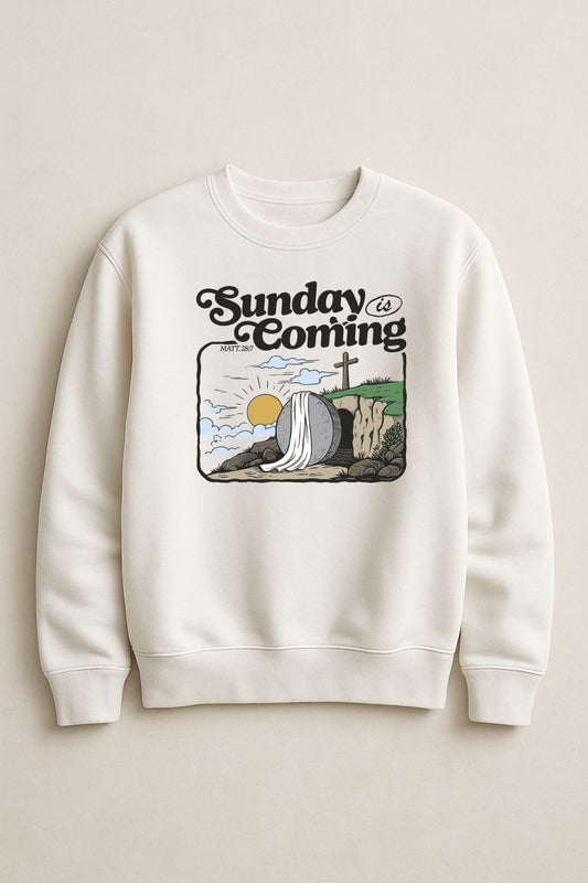 Sons & Daughters Sunday’s Coming crew sweatshirt featuring a printed design, soft fabric, and comfortable fit in a casual style.