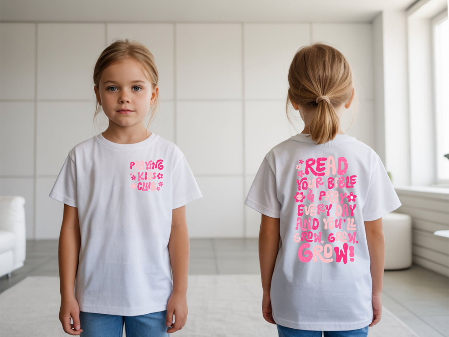 Girl's praying kids club t-shirt from Sons & Daughters, featuring a youthful girl praying with a colorful design.