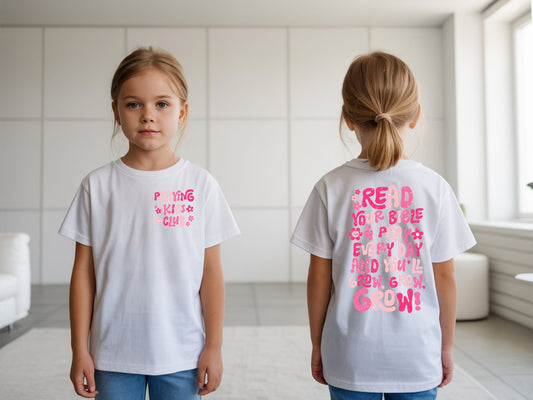 Girl's praying kids club t-shirt from Sons & Daughters, featuring a youthful girl praying with a colorful design.