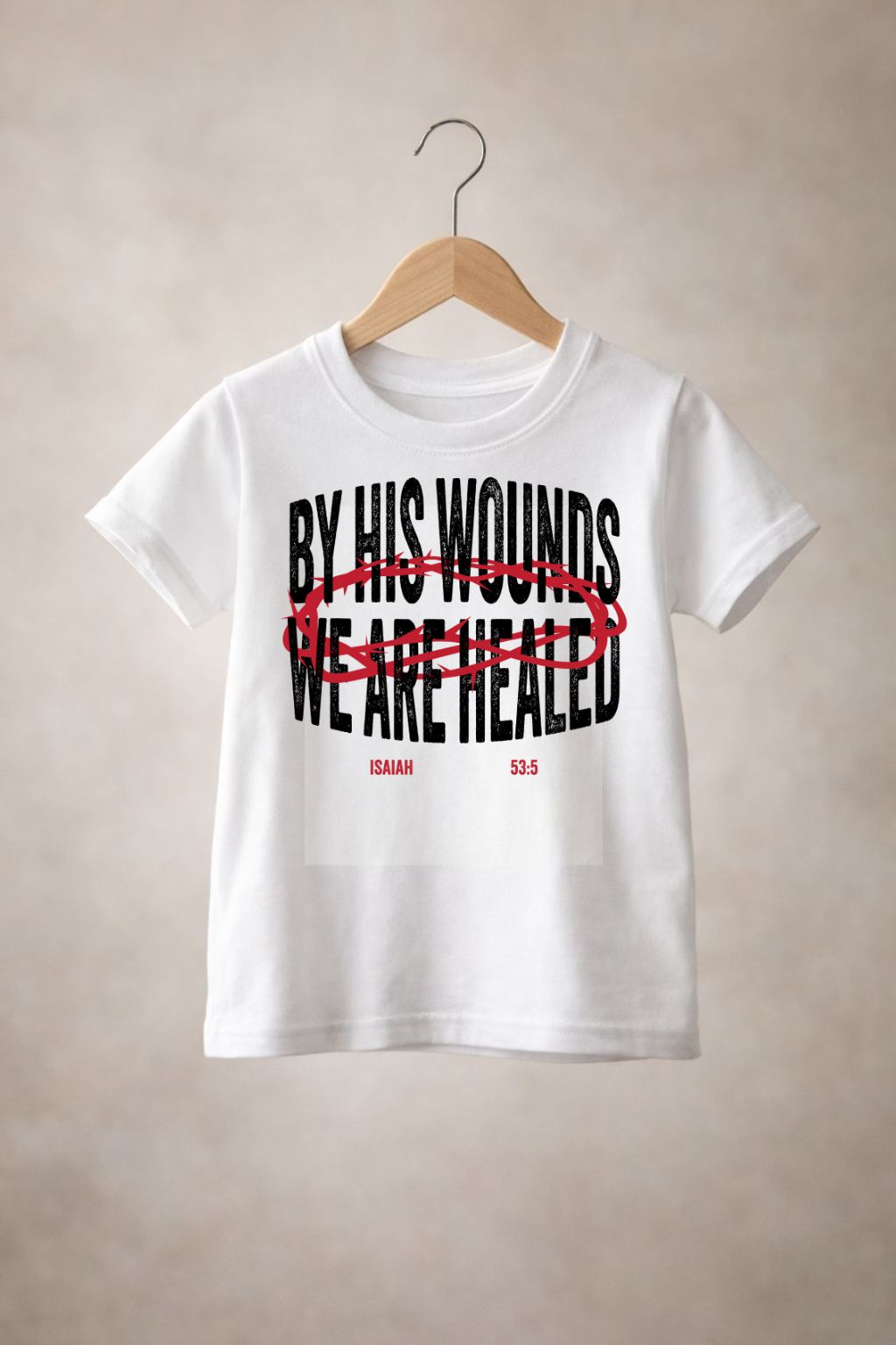Unisex youth "By his wounds" T-shirt from Sons & Daughters featuring a simple printed design on soft fabric.