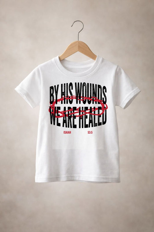 Unisex youth "By his wounds" T-shirt from Sons & Daughters featuring a simple printed design on soft fabric.