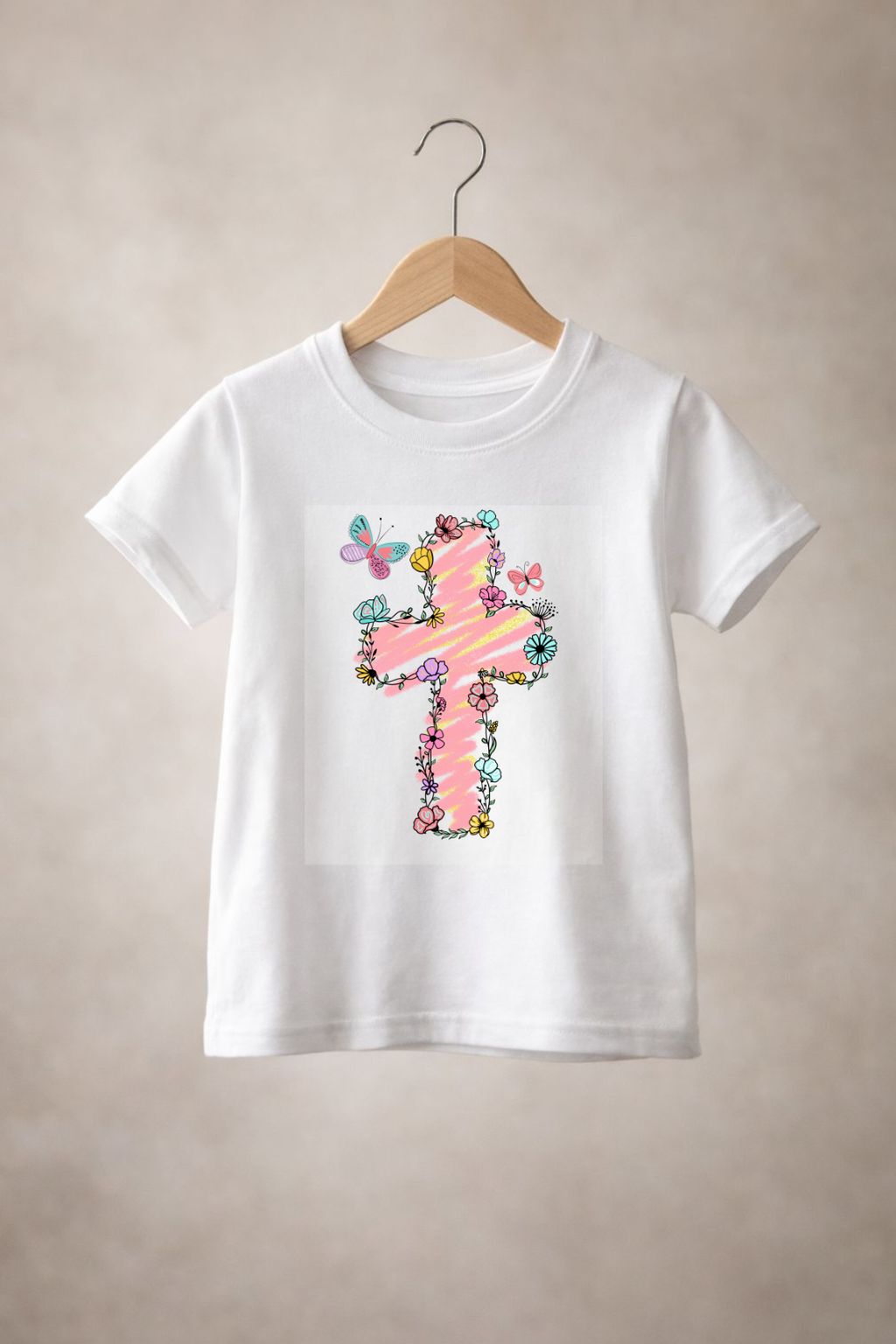 Girls flowering cross T-shirt by Sons & Daughters featuring a colorful floral cross design on soft fabric.
