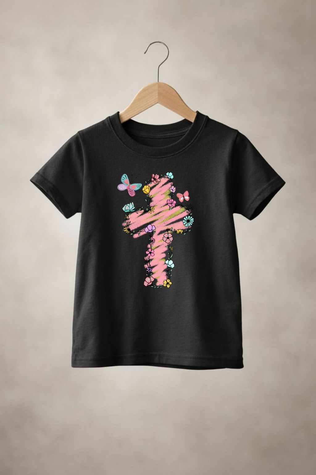 Girls' flowering cross T-shirt by Sons & Daughters featuring a colorful floral cross design on soft fabric.