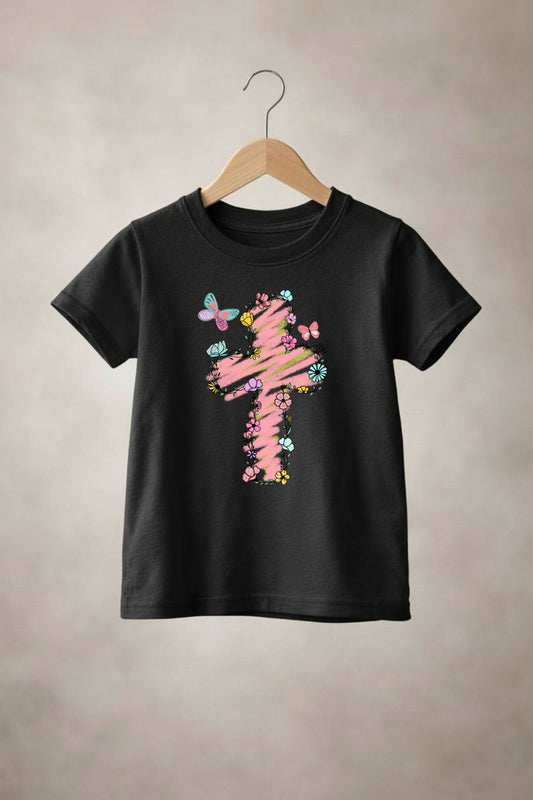 Girls' flowering cross T-shirt by Sons & Daughters featuring a colorful floral cross design on soft fabric.