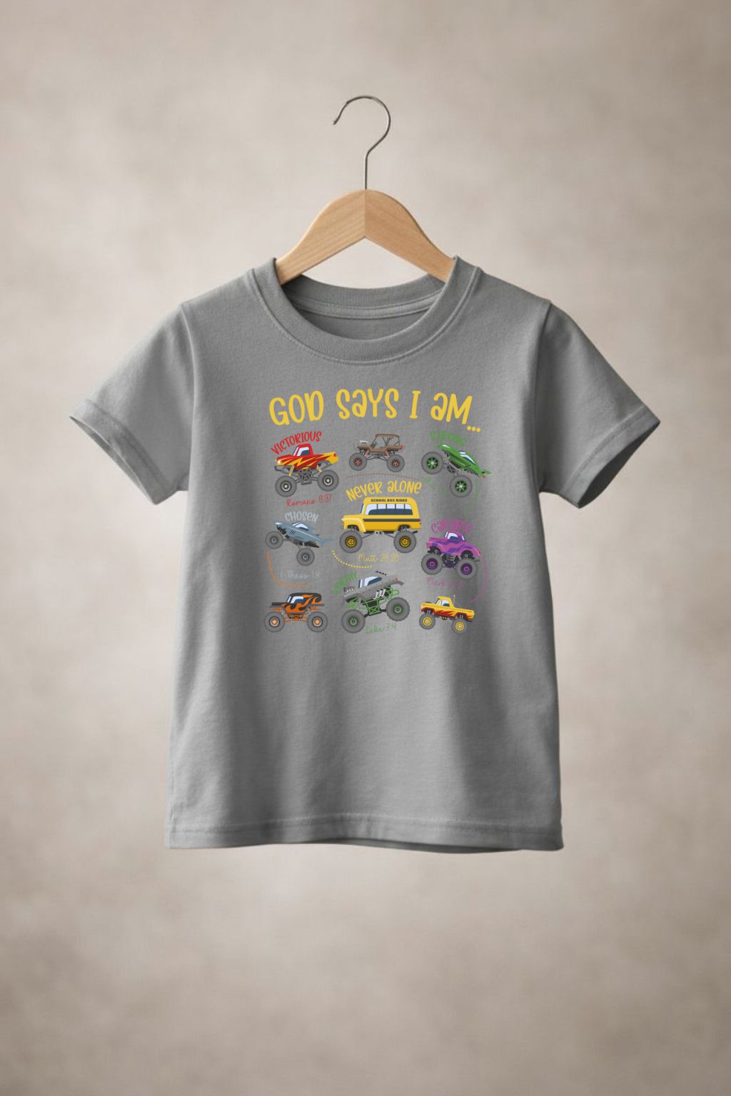 Boy wearing Sons & Daughters "God says" t-shirt with bold printed message on a white cotton tee.