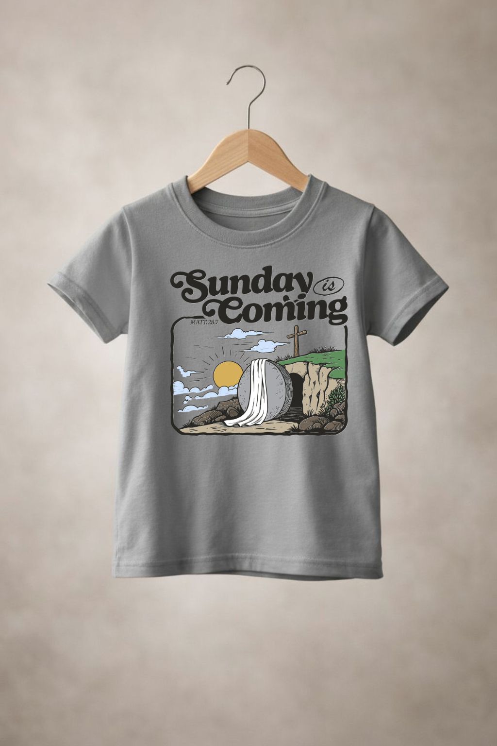 Unisex kids' white T-shirt with "Sunday is Coming" slogan from Sons & Daughters, featuring casual fit and soft cotton fabric.