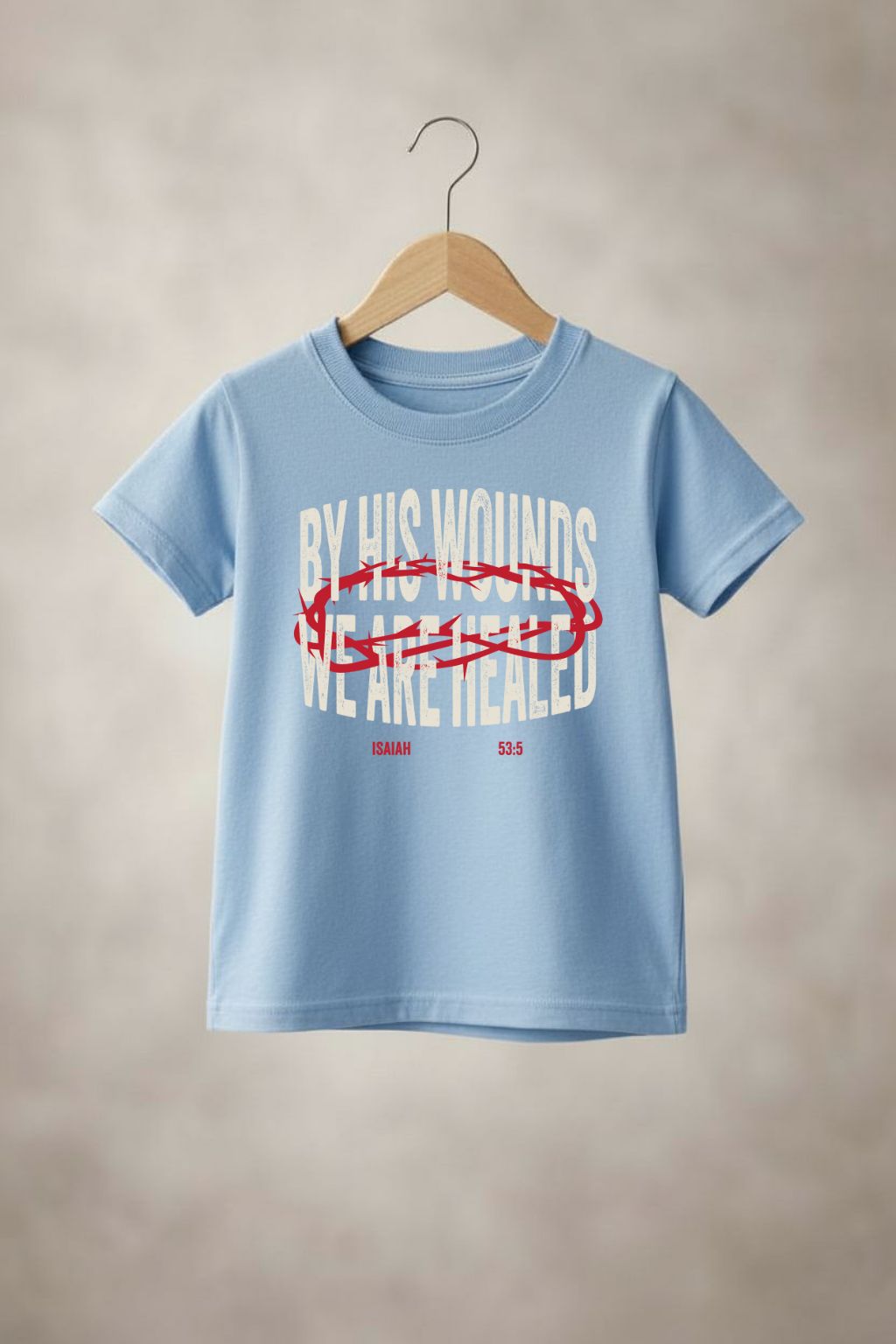 Unisex youth "By His Wounds" T-shirt by Sons & Daughters featuring a simple black design on a white fabric background.