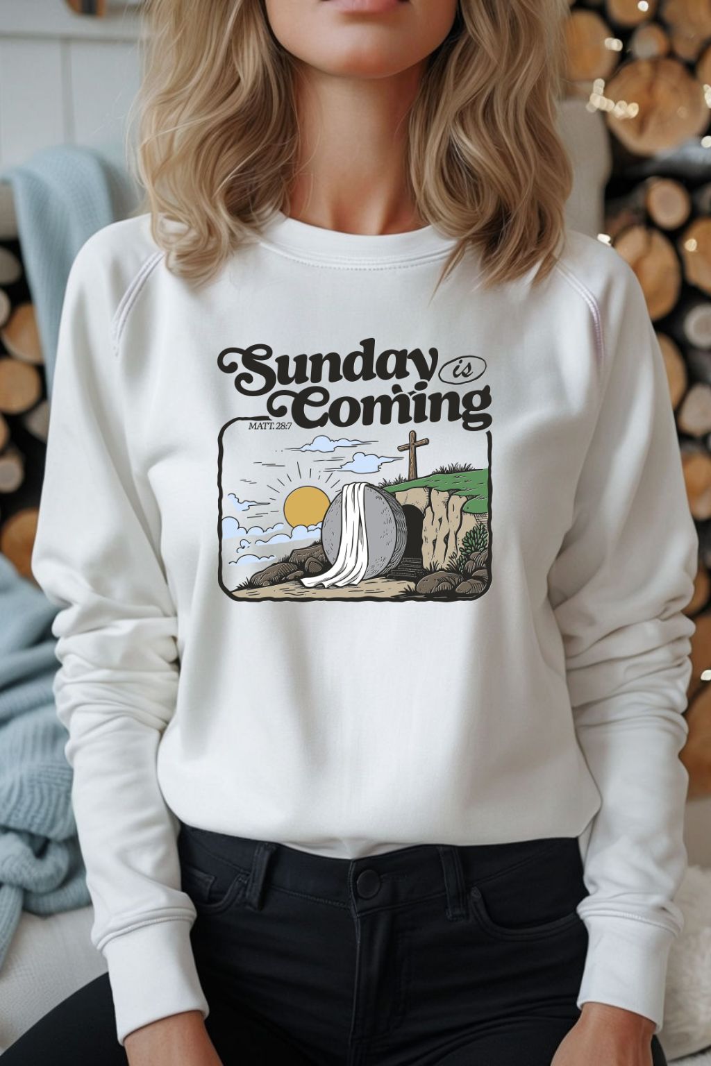 Sons & Daughters Sunday's Coming Crew Sweatshirt in gray, with a comfortable fit and casual style, shown on a hanger.