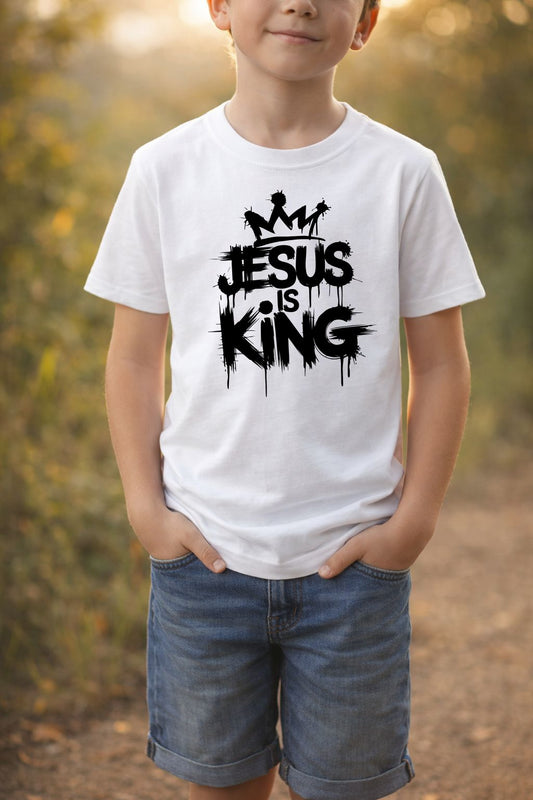 Unisex youth "Jesus is King" T-shirt by Sons & Daughters featuring a graphic design on a casual cotton shirt.