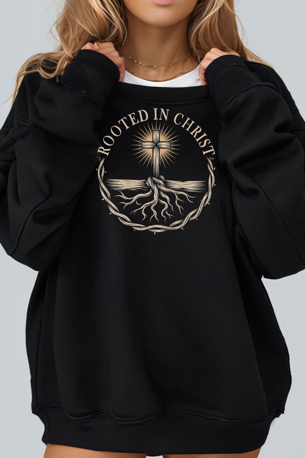 Sons & Daughters Rooted in Christ sweatshirt featuring a comfortable, casual fit with a printed design on the front.