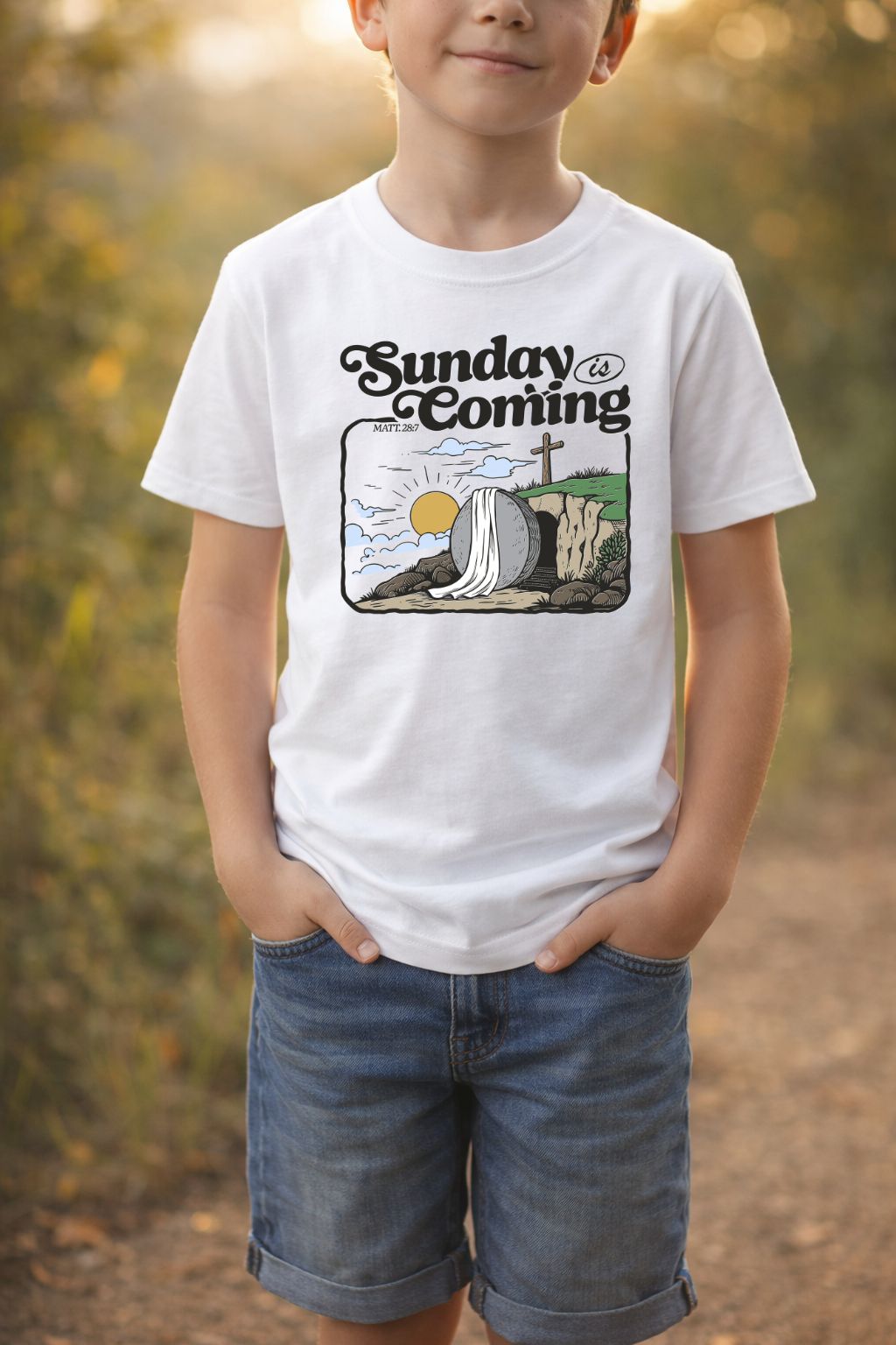 Unisex Kids "Sunday is Coming" T-shirt from Sons & Daughters featuring a casual fit and playful design.