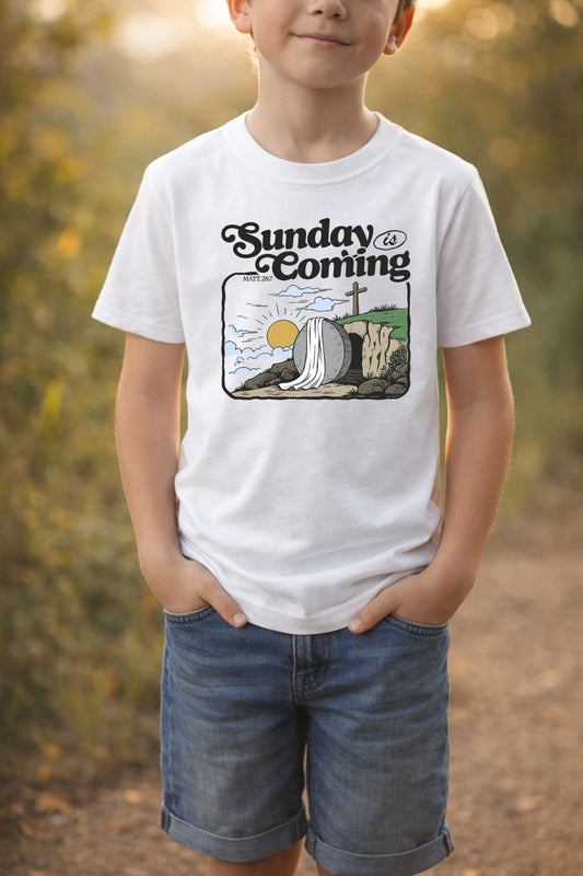 Unisex Kids "Sunday is Coming" T-shirt from Sons & Daughters featuring a casual fit and playful design.