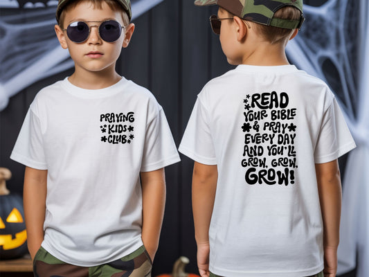 Boy's Sons & Daughters Praying Kids Club T-shirt with a colorful prayer design on blue fabric.