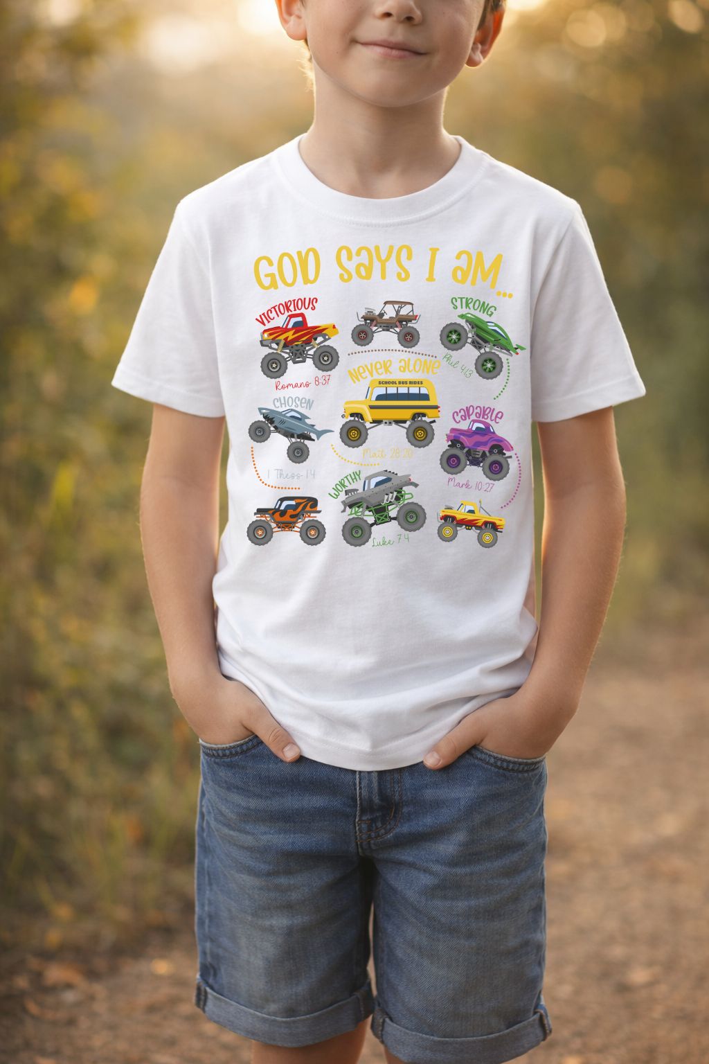 Boy wearing a Sons & Daughters "God says" t-shirt with bold printed text, casual style, and neutral background.