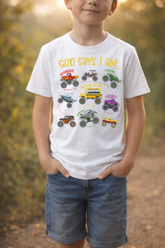 Boy wearing a Sons & Daughters "God says" t-shirt with bold printed text, casual style, and neutral background.