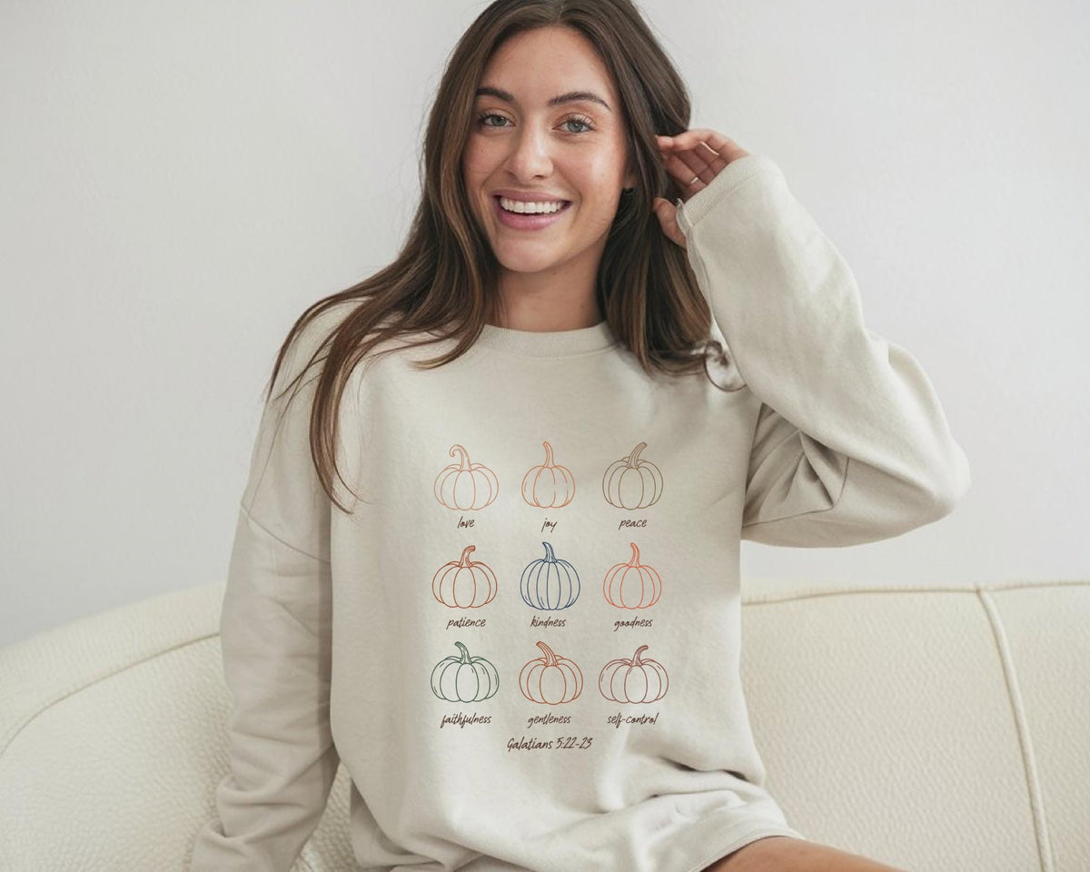Cozy Fall Fruits Sweatshirt, Christian Autumn Crewneck, Faith-Based Pumpkin Design, Thanksgiving Pullover