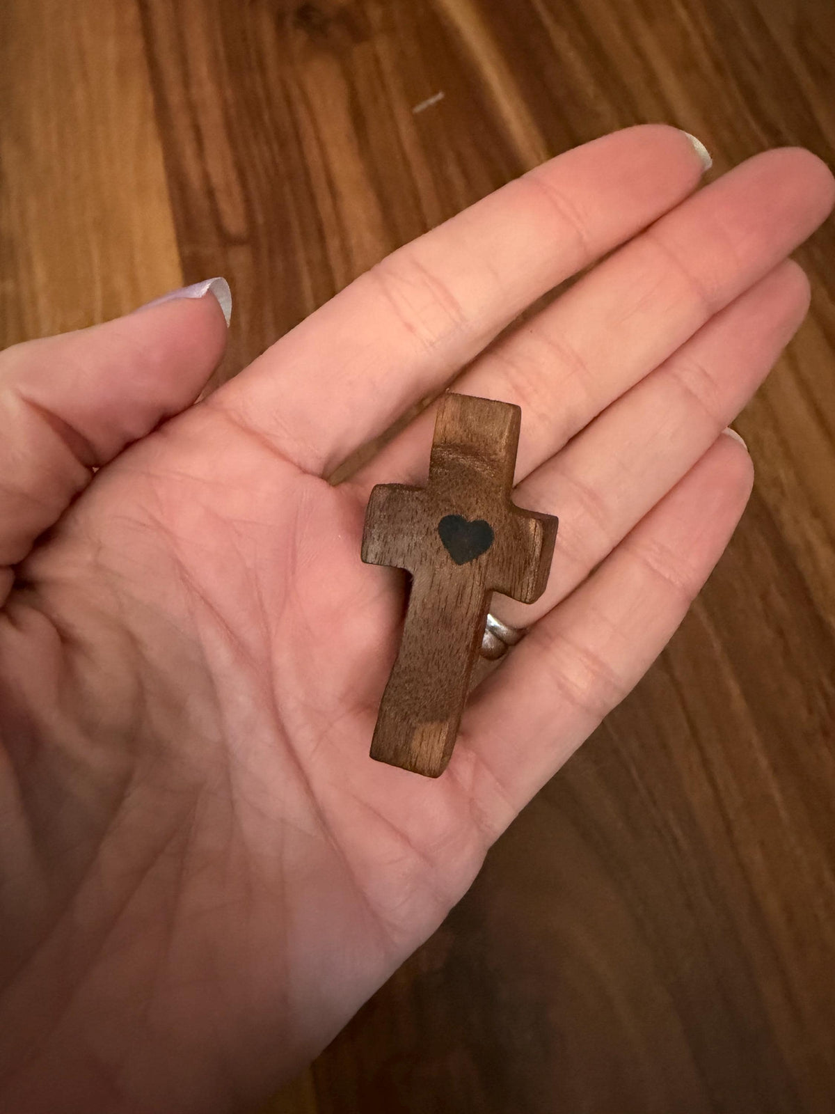 Simple Olive Wood Cross, Small Pocket Thumb Cross with Heart, Encouragement Gift