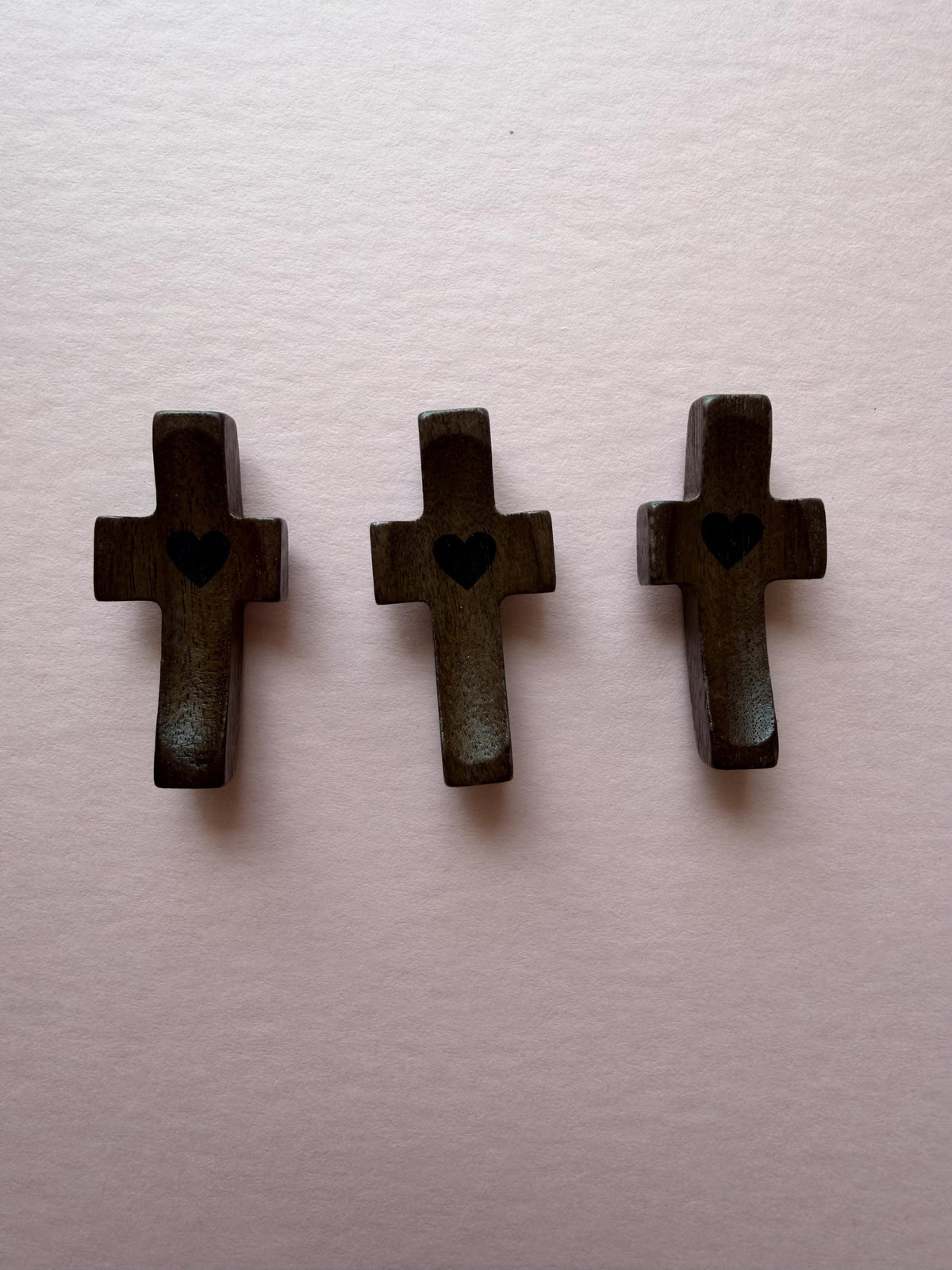 Simple Olive Wood Cross, Small Pocket Thumb Cross with Heart, Encouragement Gift