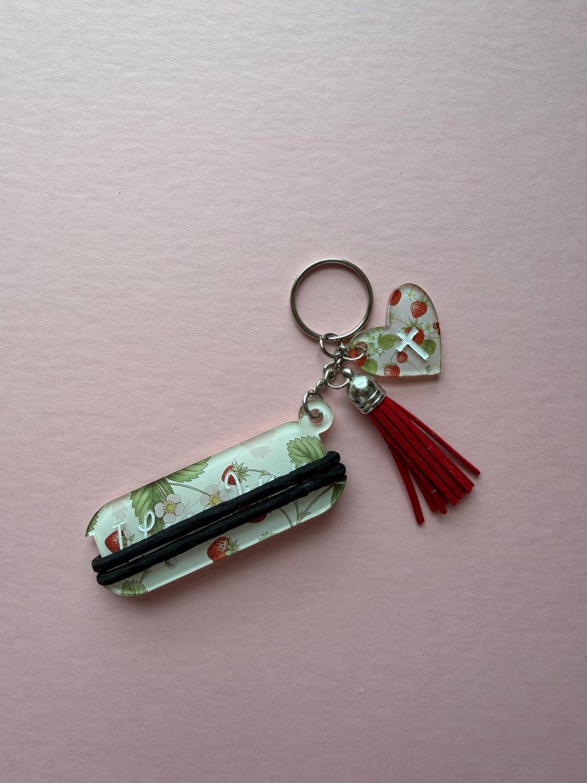 Hair Tie Holder, Vintage Fruit Bag Charm with Jesus Keychain