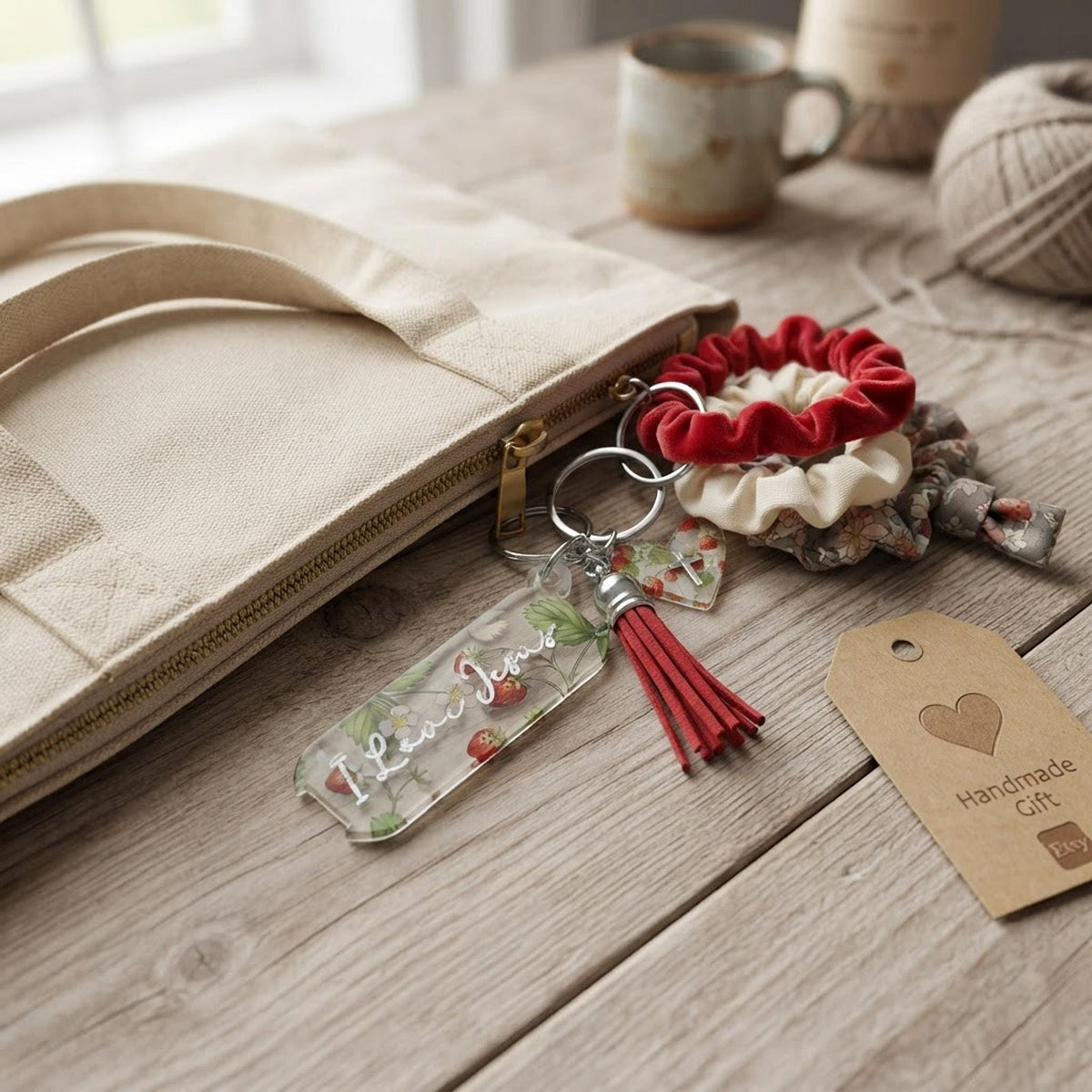 Vintage fruit hair tie holder keychain, Christian accessories, ponytail holder bag tag, I love Jesus, handmade gift, cute religious keychain shown in a professional product listing photo