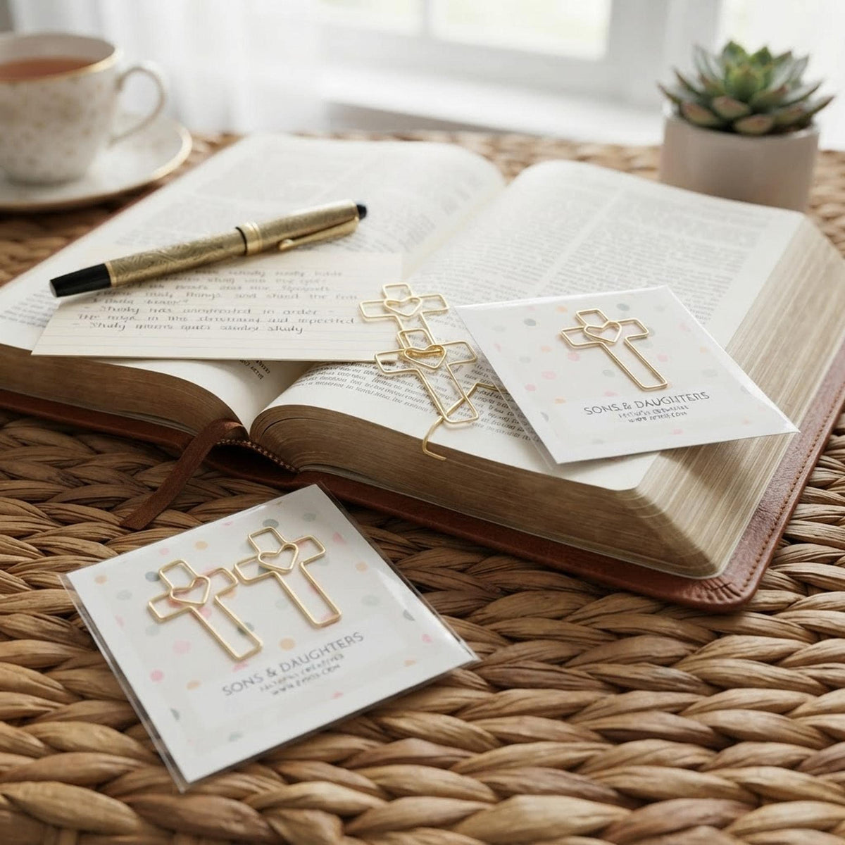 Heart and Cross Gold Finish Paper Clip Set, Bible Study Organizer, Christian Office Supplies shown in a professional product listing photo