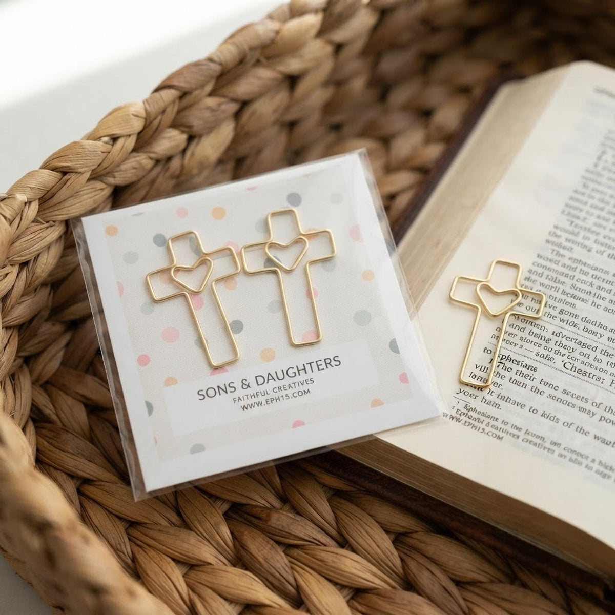 Heart and Cross Gold Finish Paper Clip Set, Bible Study Organizer, Christian Office Supplies shown in a professional product listing photo