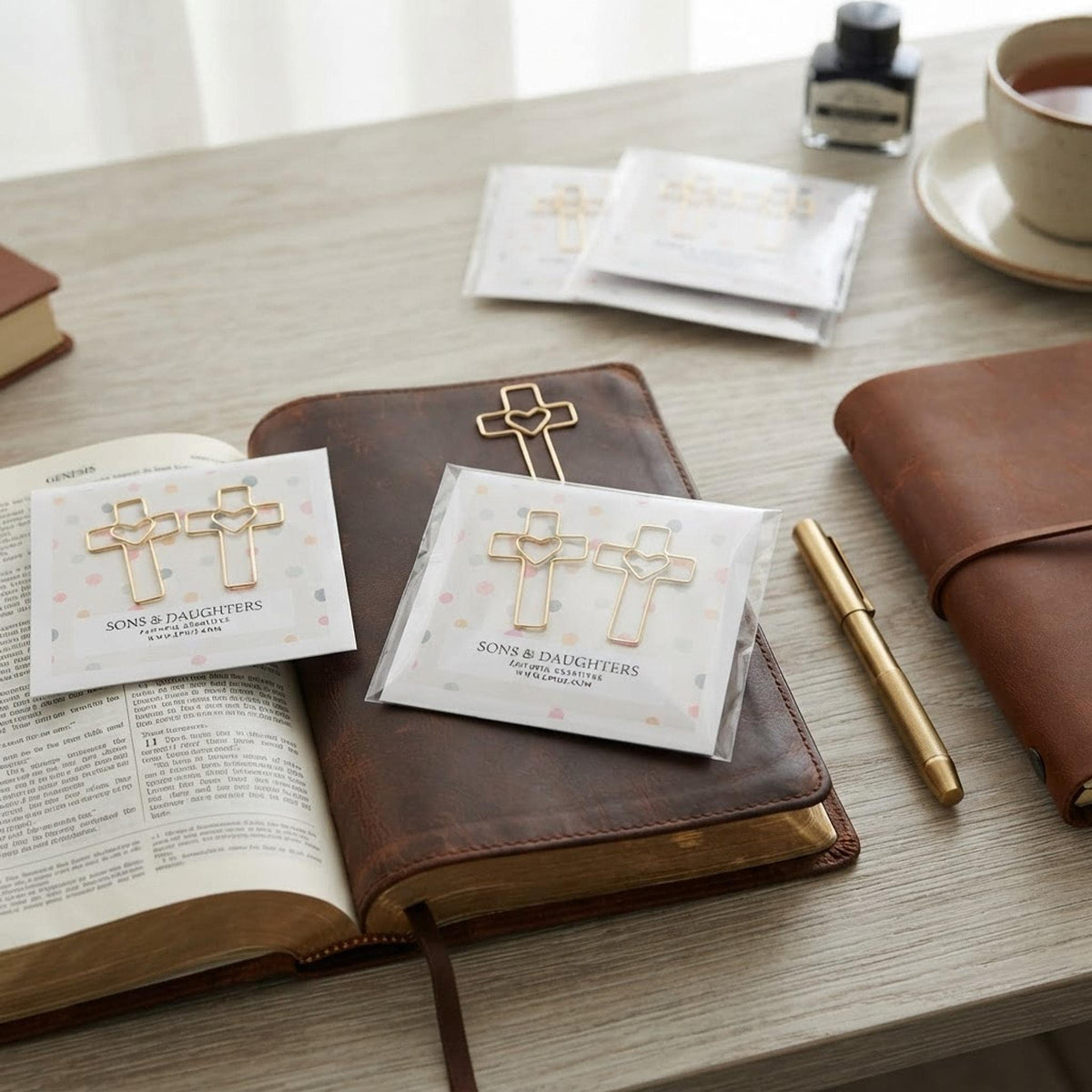 Heart and Cross Gold Finish Paper Clip Set, Bible Study Organizer, Christian Office Supplies shown in a professional product listing photo