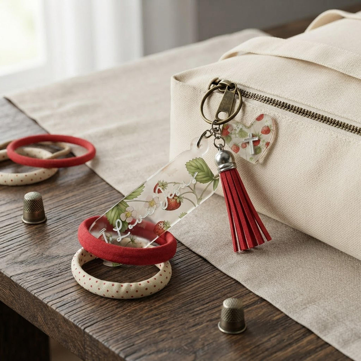 Vintage fruit hair tie holder keychain, Christian accessories, ponytail holder bag tag, I love Jesus, handmade gift, cute religious keychain shown in a professional product listing photo