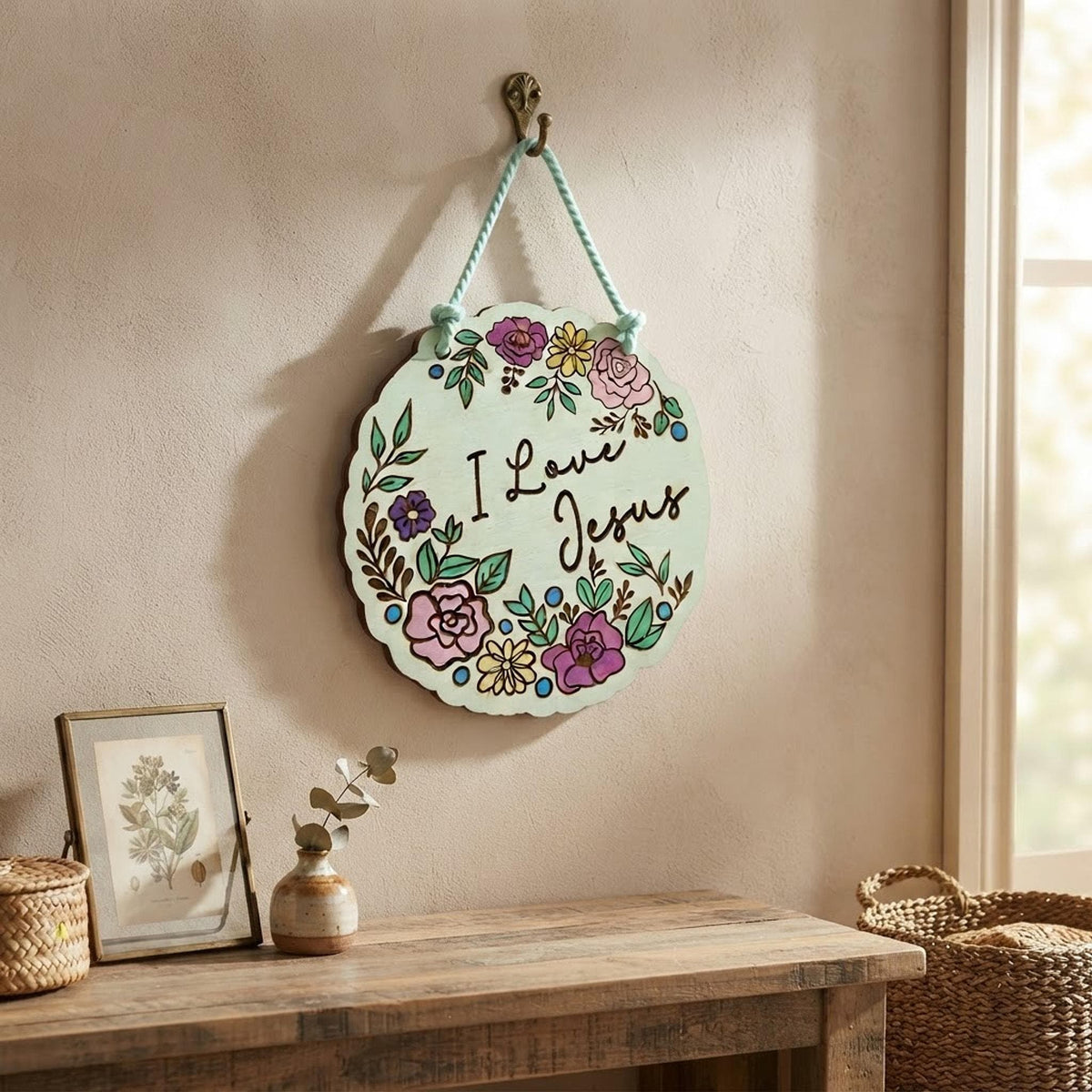 The finished I Love Jesus wooden sign hanging on a neutral wall in a cozy room setting.