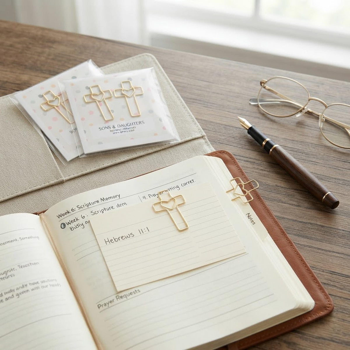 Heart and Cross Gold Finish Paper Clip Set, Bible Study Organizer, Christian Office Supplies shown in a professional product listing photo