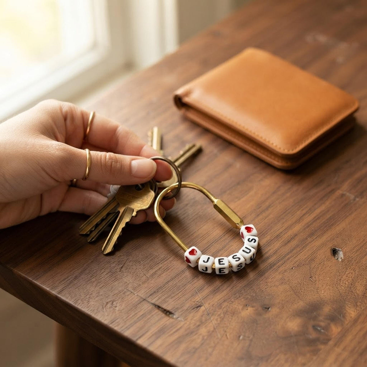 Gold Jesus carabiner keychain with white letter beads attached to keys on a warm wooden surface.