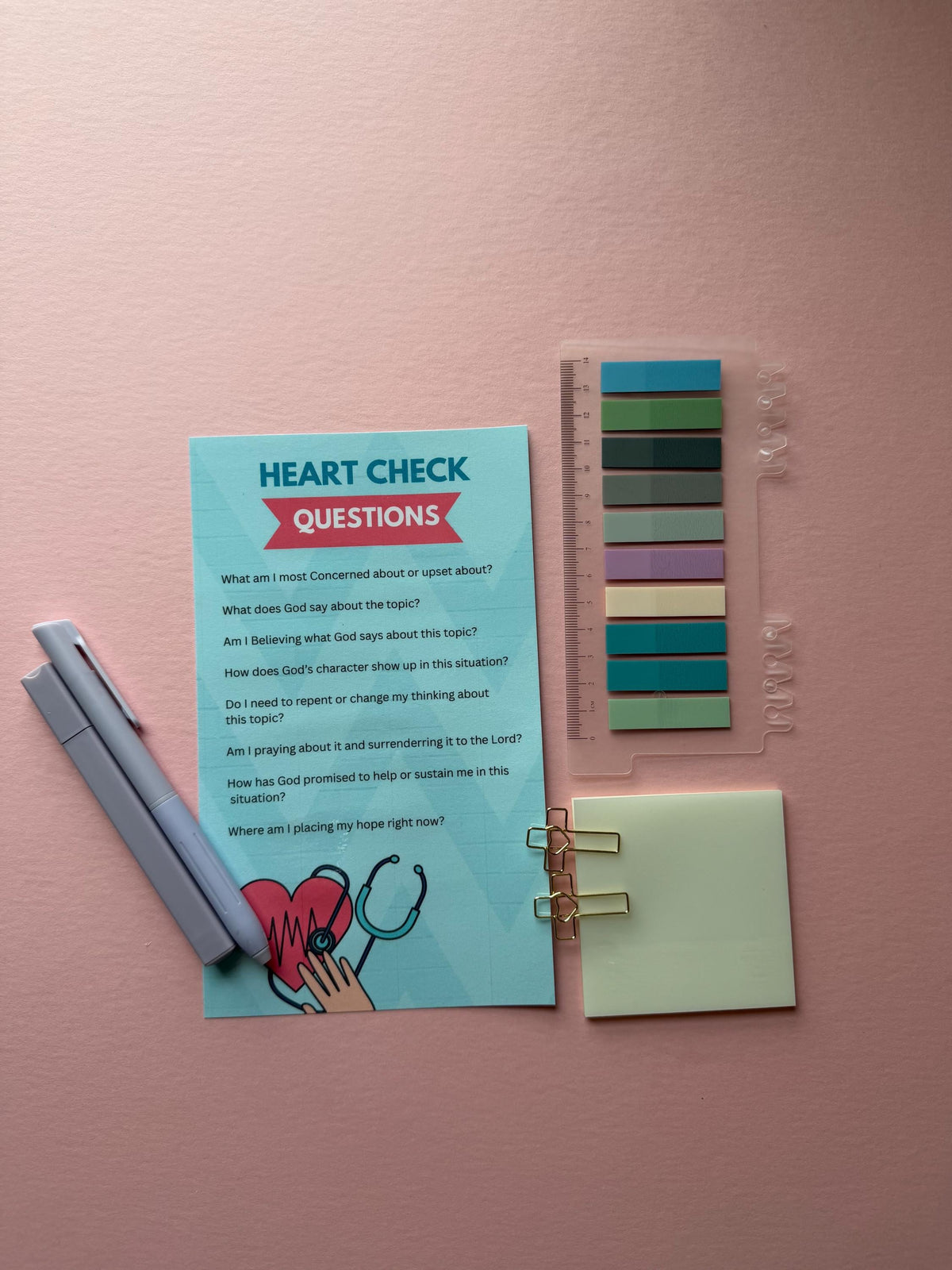 Bible study kit, heart check bookmark, Christian pray study guide