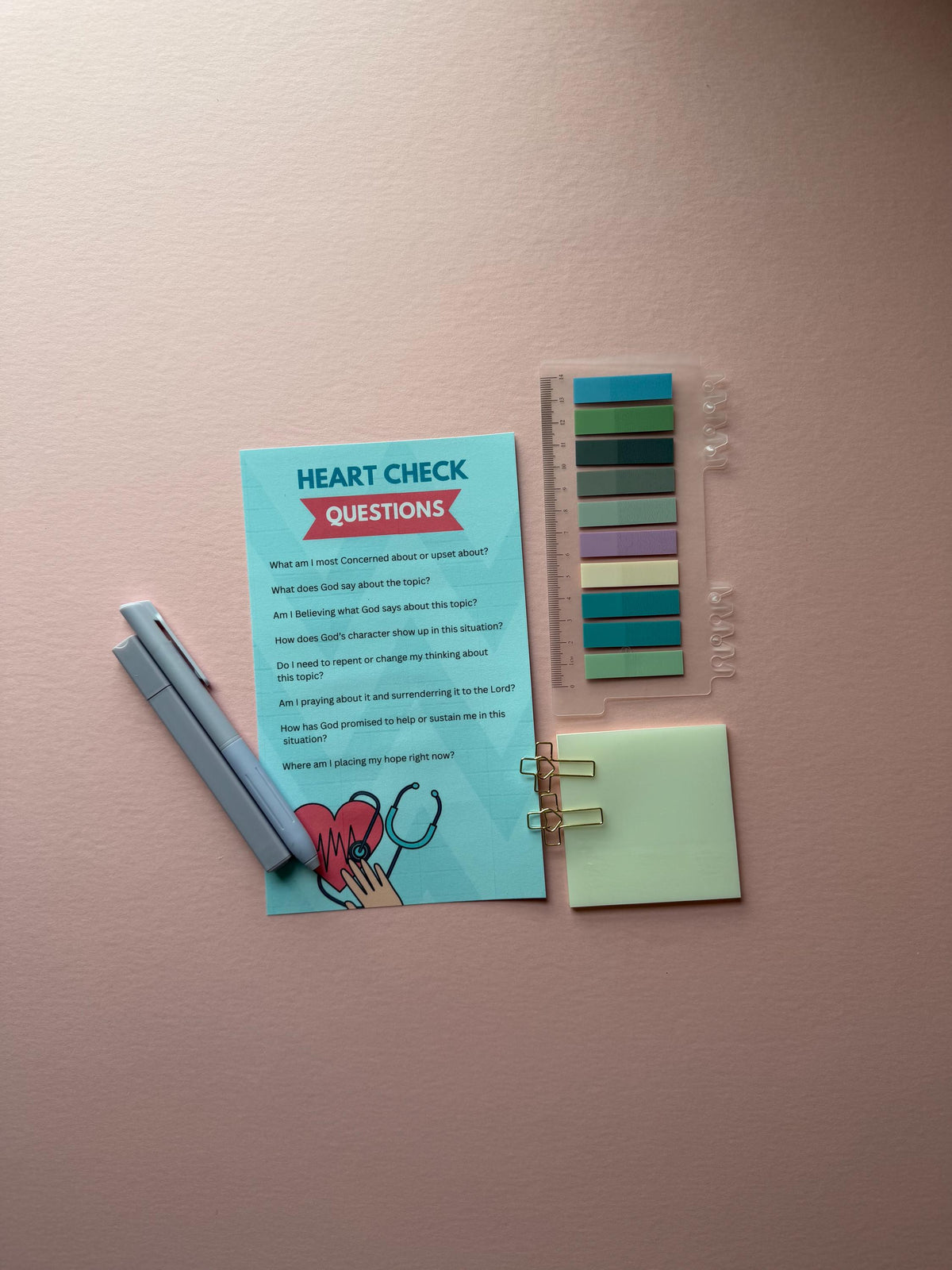 Bible study kit, heart check bookmark, Christian pray study guide