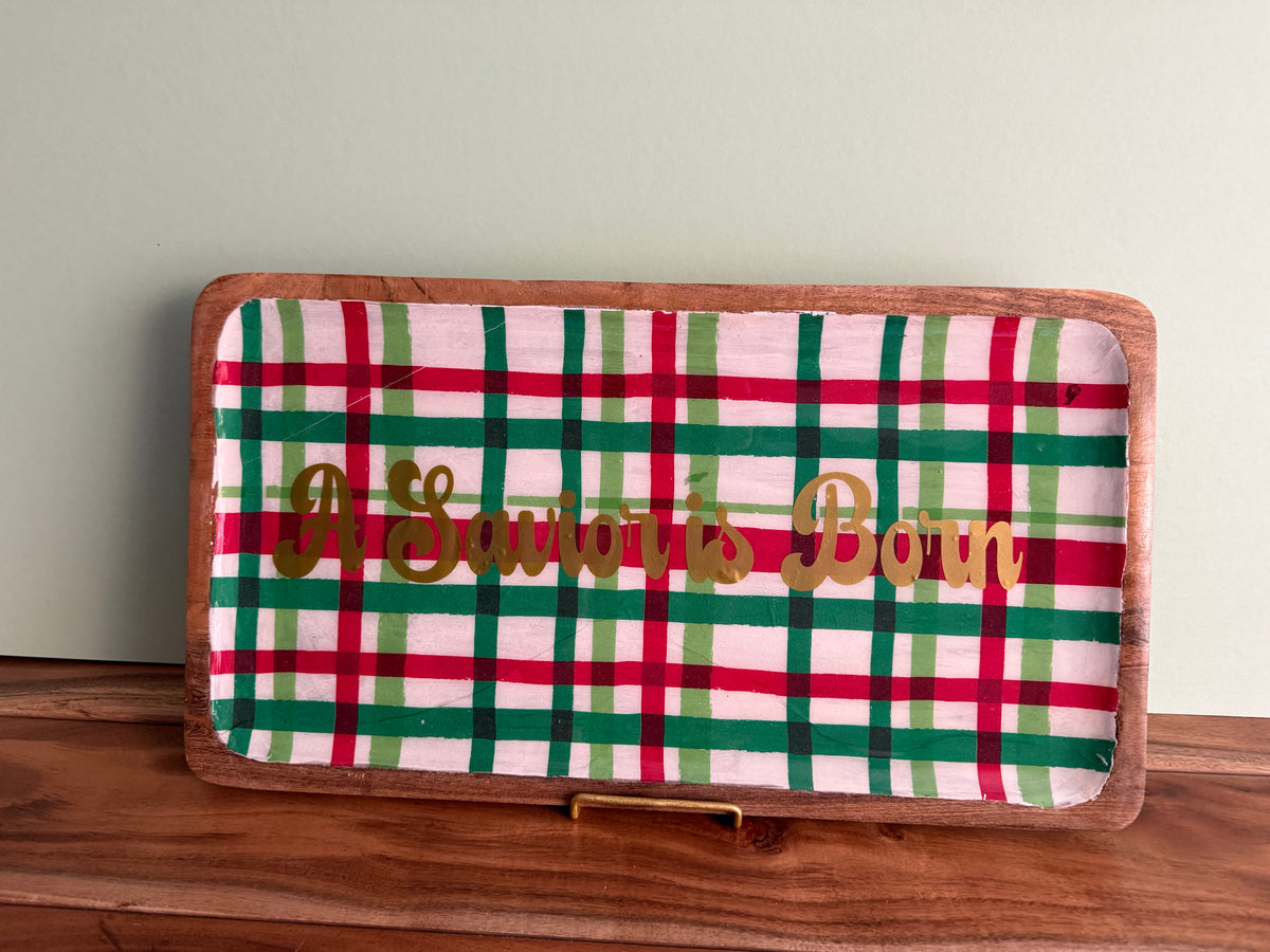 A Savior Is Born Acacia wood serving platter by Sons & Daughters