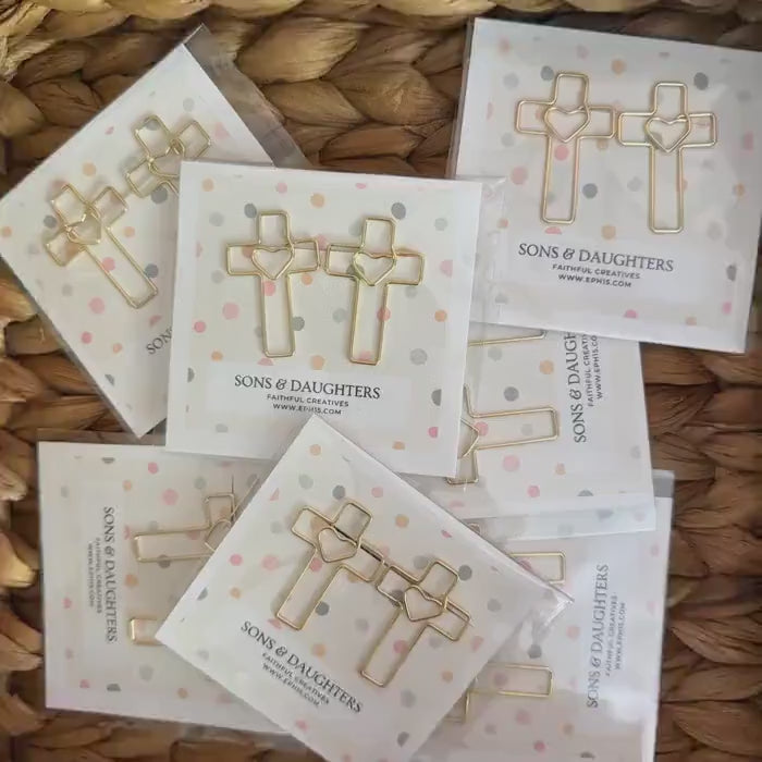 Cross Paperclip Set, Gold Finish Heart And Clips, Bible Study Stationery
